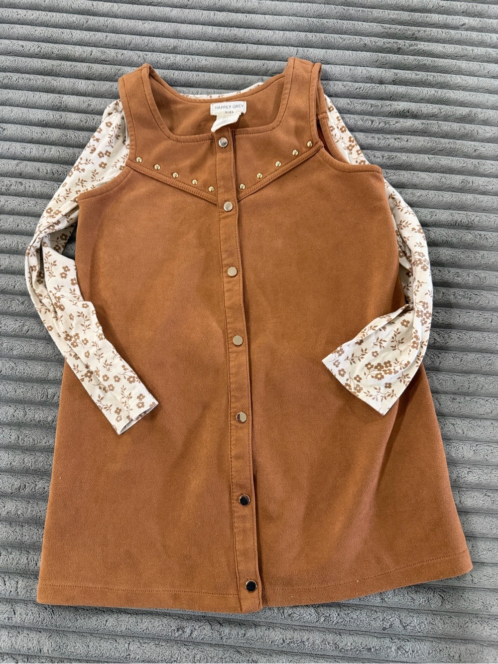 Harper Tan Corduroy Snap-Front Dress with Floral Long-Sleeve Top